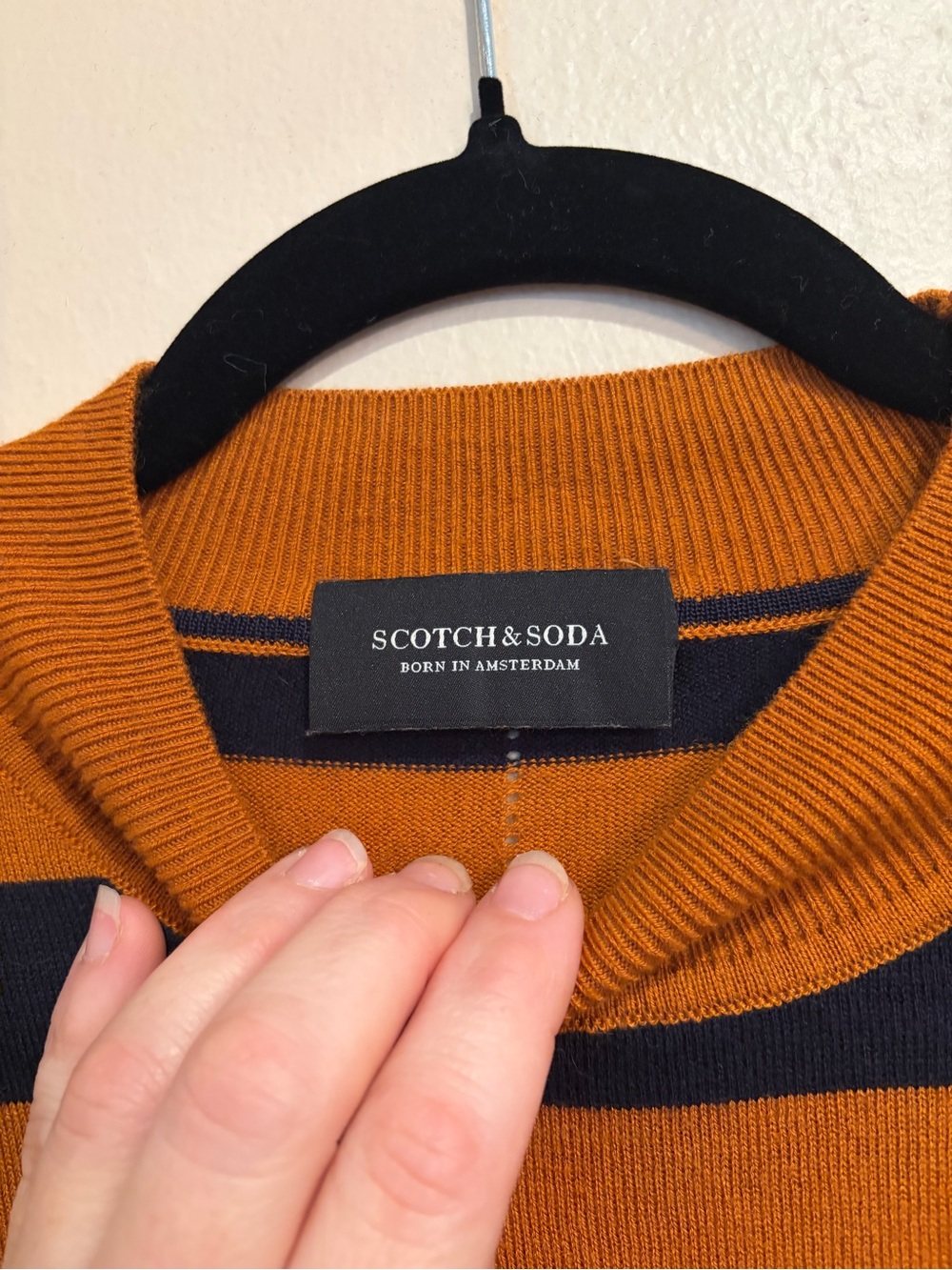 Scotch & Soda Rust & Navy Striped Crewneck Sweater, Lightweight, Viscose Blend - Picture 3 of 9